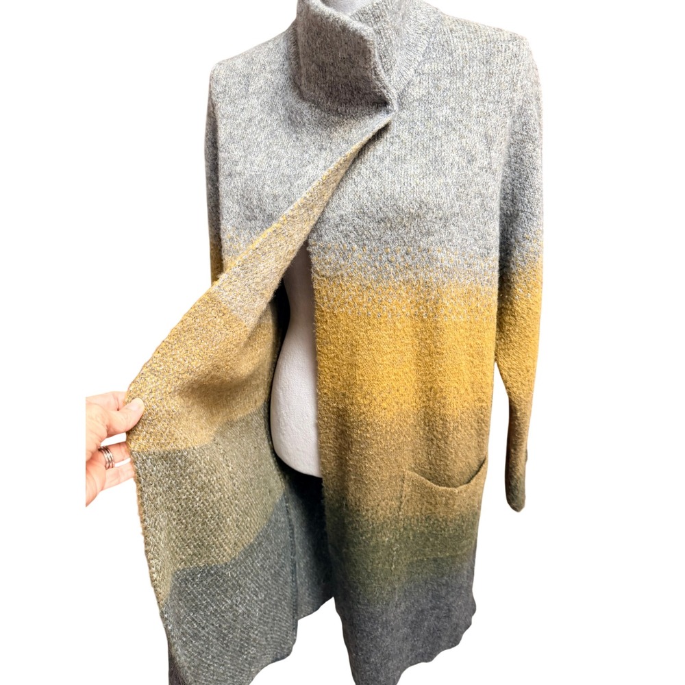 GIO & GIO Ombre Longline Cardigan L Grey Gold Mohair Wool Italy Funnel Neck Boho